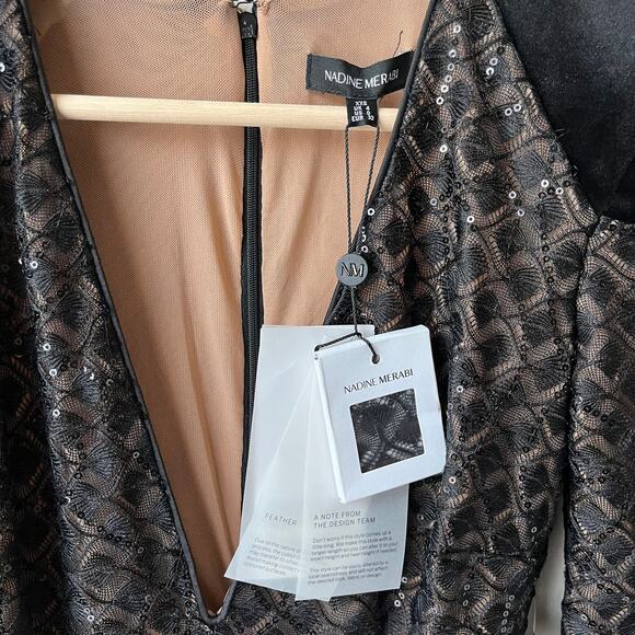 Nadine Merabi Rachel Black Lace Feather Trim Plunge V-Neck Jumpsuit 0 NWT‎ - Picture 5 of 9